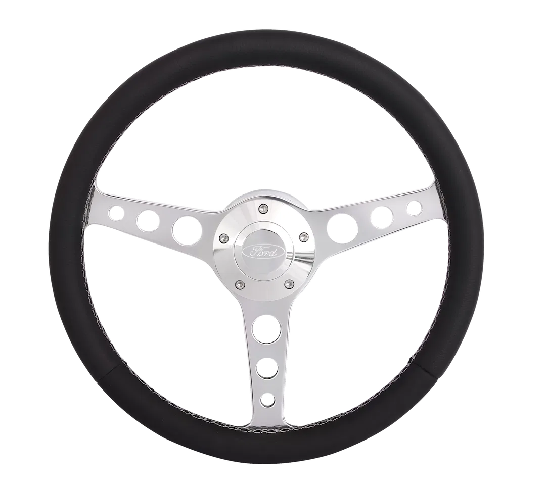 1922-1 – GRANT Steering Wheel, 14 Inch Diameter 3 Spoke Black Leather Grip Polished Spoke With Ford Logo And Installa...